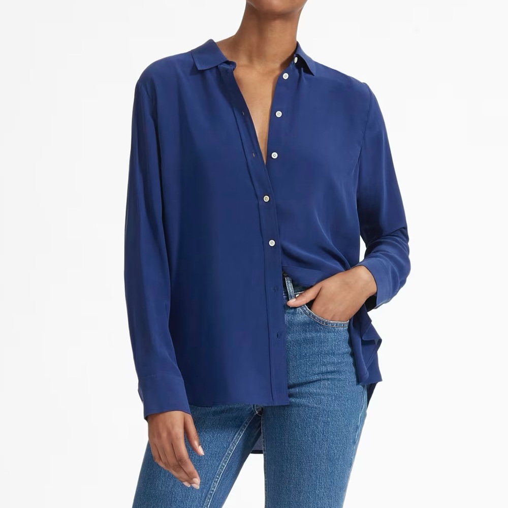 Everlane Navy Blue Silk Button-Up Blouse